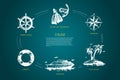 Cruise - steering wheel, lifebuoy, cruise ship, palm island, windrose, flippers and snorkeling vector concept set