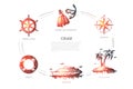 Cruise - steering wheel, lifebuoy, cruise ship, palm island, windrose, flippers and snorkeling vector concept set