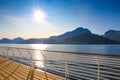 Cruise towards Geiranger fjord on a beautiful day. Views of the Norwegian mountains from the open deck of the ship. Norway.