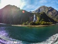 Cruise View of Milford Sound, sunny day, New Zealand Royalty Free Stock Photo
