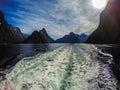 Cruise View of Milford Sound, sunny day, New Zealand Royalty Free Stock Photo