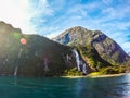 Cruise View of Milford Sound, sunny day, New Zealand Royalty Free Stock Photo