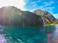 Cruise View of Milford Sound, sunny day, New Zealand Royalty Free Stock Photo