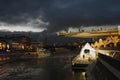 A cruise yacht sails on the Moscow river. Color winter photo. Royalty Free Stock Photo