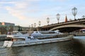 A cruise yasht of Radisson Royal sails under the Big Stone Bridge in Moscow Royalty Free Stock Photo