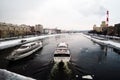 A cruise yasht of Radisson Royal sails under the bridge in Moscow Royalty Free Stock Photo