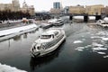 A cruise yasht of Radisson Royal sails under the bridge in Moscow Royalty Free Stock Photo