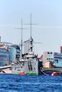 Cruiser Aurora after capital renovation back to her mooring place in front of the Nakhimov College