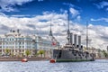 Cruiser Aurora on her mooring place in front of the Nakhimov College in St. Petersburg