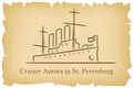 The Cruiser Aurora in St.Petersburg, Russia lineart illustration for logo, icon, poster, banner on background imitating brown old