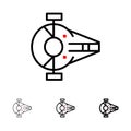 Cruiser, Fighter, Interceptor, Ship, Spacecraft Bold and thin black line icon set Royalty Free Stock Photo