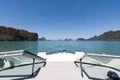 Cruising on a motorboat through the limestone islands of Phang Nga Bay, Phuket, Thailand Royalty Free Stock Photo