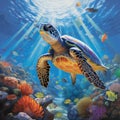 Cruising with Turtles: A Tranquil Encounter in the Deep Sea Royalty Free Stock Photo