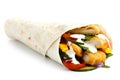 Crumbed fried chicken and salad tortilla wrap with white sauce i