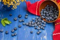 Crumble with blueberries basket on the table. Wooden background. Top view. Close-up. Royalty Free Stock Photo