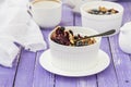 Crumble cake with rhubarb in a baking dish Royalty Free Stock Photo