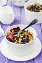 Crumble cake with rhubarb in a baking dish Royalty Free Stock Photo