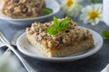 Crumble fruit pie, slice. Homemade cake with fruit jam. Delicious desert