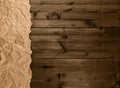 Crumbled brown packing paper on brown wooden kitchen table with copyspace Royalty Free Stock Photo