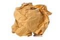 Crumbled brown recycled paper ball on white background