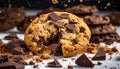 Crumbled chocolate chip cookie with visible chunks of chocolate and scattered crumbs. Sweet treat