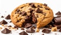 Crumbled chocolate chip cookie with visible chunks of chocolate and scattered crumbs. Sweet treat