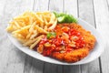 Crumbled Escalope with Sauce Paired with Fries