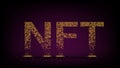 Crumbled text NTF non fungible token from falling golden cubes on dark background. Fragmented text from yellow blocks. Website