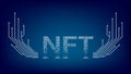 Crumbled text NTF non fungible token with wings from PCB tracks and copy space on blue background. Website header or banner