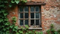 Crumbling brick wall with vintage windows featuring rust-covered frames. Wild vines snake across aged, weathered facade, adding Royalty Free Stock Photo