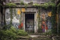 crumbling concrete walls with graffiti and overgrowth