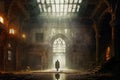 Crumbling hall with the main entrance in a dilapidated old mansion. View inside a large building with a silhouette of a lonely man Royalty Free Stock Photo