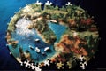 A crumbling jigsaw puzzle depicting the ecosystem of planet Earth. The concept of climate change. Generative AI Royalty Free Stock Photo