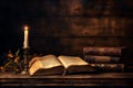 Crumbling Old book and candles on wooden table. Generate AI Royalty Free Stock Photo