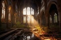 crumbling old church bathed in dusky light