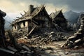 Crumbling Ruined house after earthquake. Generate Ai