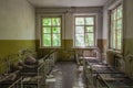 Crumbling ruins of a bedroom in a school in Pripyat, Ukraine near Chernobyl that was abandoned after the nuclear accident