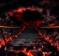 Crumbling stairway to hades or the underworld, infernal hot cave lava and fire Royalty Free Stock Photo