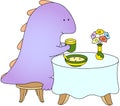 Crummy bellied dragon eats his breakfast: porridge and juice Royalty Free Stock Photo