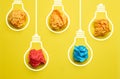 Crumpled balls of paper inside an electric lamp on a yellow background. Concept of new ideas