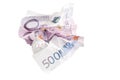 Crumpled banknote of 500 euros isolated on white
