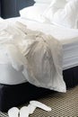 Dirty bed in the hotel. Dirty bed pillow blanket room. Royalty Free Stock Photo