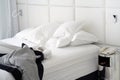 Dirty bed in the hotel. Dirty bed pillow blanket room Royalty Free Stock Photo