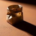 Crumpled brown paper bag stands on a textured surface casting a Royalty Free Stock Photo