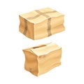 Crumpled Cardboard Box with Corrugated Sides as Packaging and Shipping Container Vector Set