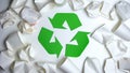 Crumpled disposable paper cups lying around recycling sign, save nature concept