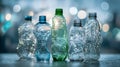 Crumpled empty plastic bottles in various colors standing on a surface with blurred lights in the background symbolizing Royalty Free Stock Photo