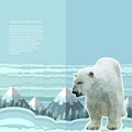 Crumpled paper background with polar bear and snow forest and mountines on horizont