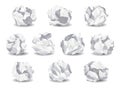 Crumpled paper balls icons. Realistic garbage, bad idea symbols, crushed piece of papers. Throw rumple grunge sheets Royalty Free Stock Photo