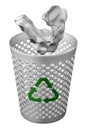 Crumpled paper fall in wastepaper basket with recycling symbol. 3D rendering.